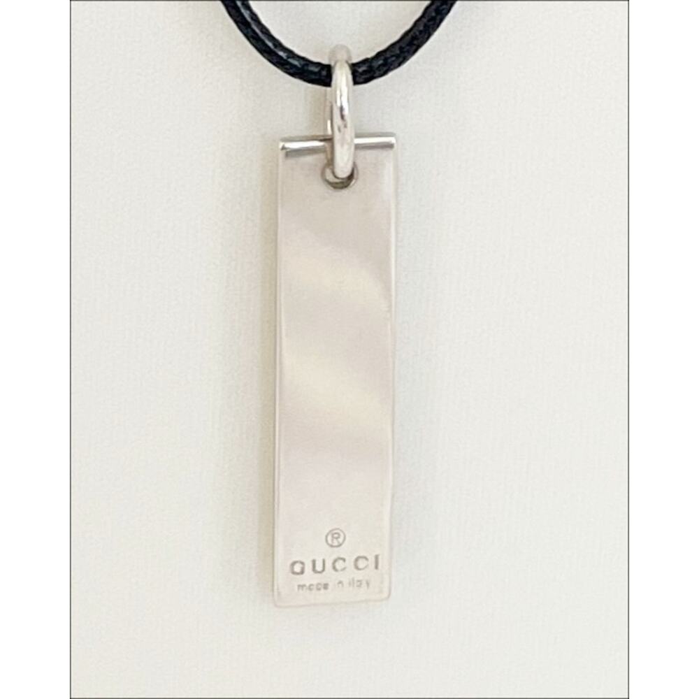 GUCCI Vintage Pendant Necklace Sterling Silver Tab Black Cord Steel Clasp Stamp - Picture 4 of 11